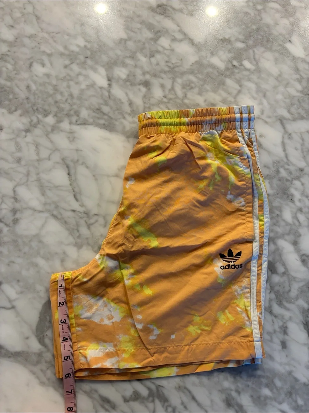 adidas Men's Orange Tie-Dye Swim Trunks with White 3-Stripes